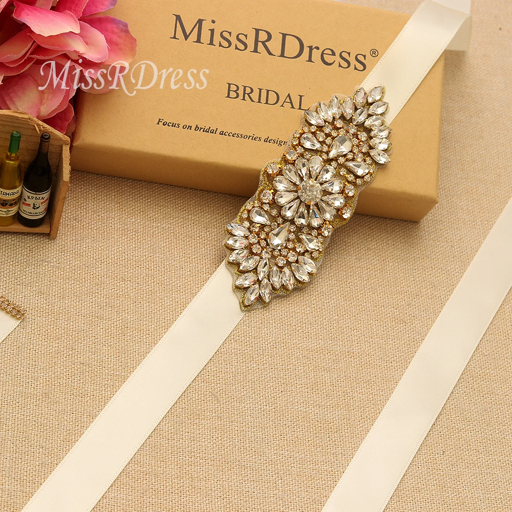 MissRDress Hand Beaded Wedding Belt Gold Crystal Bridal Belt Rhinestone Jeweled Bridal Sash For Wedding Party Gown JK887