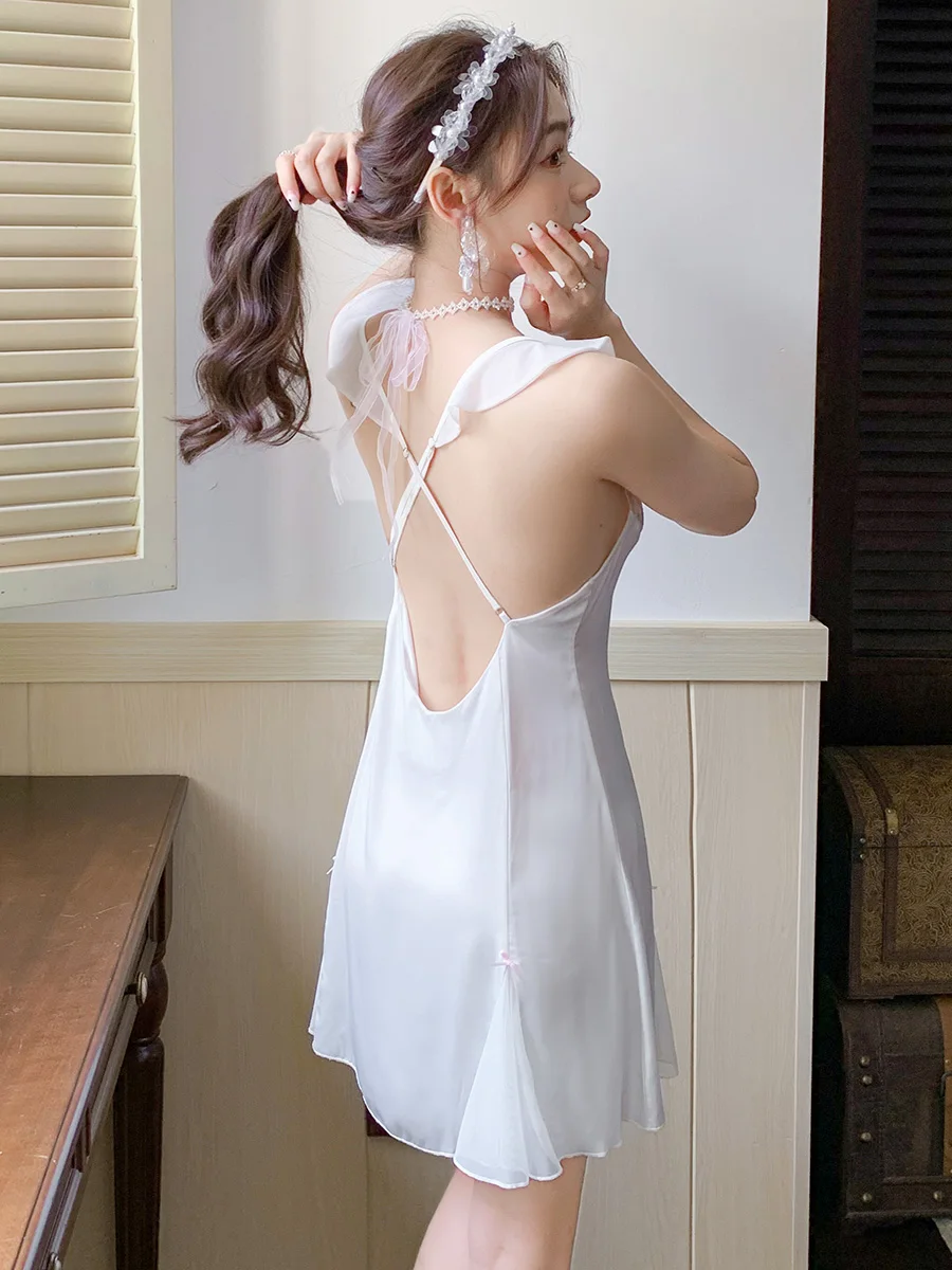 Sexy deep V temptation backless lace suspenders outer nightdress women's summer ice silk thin silk pajamas with chest pads