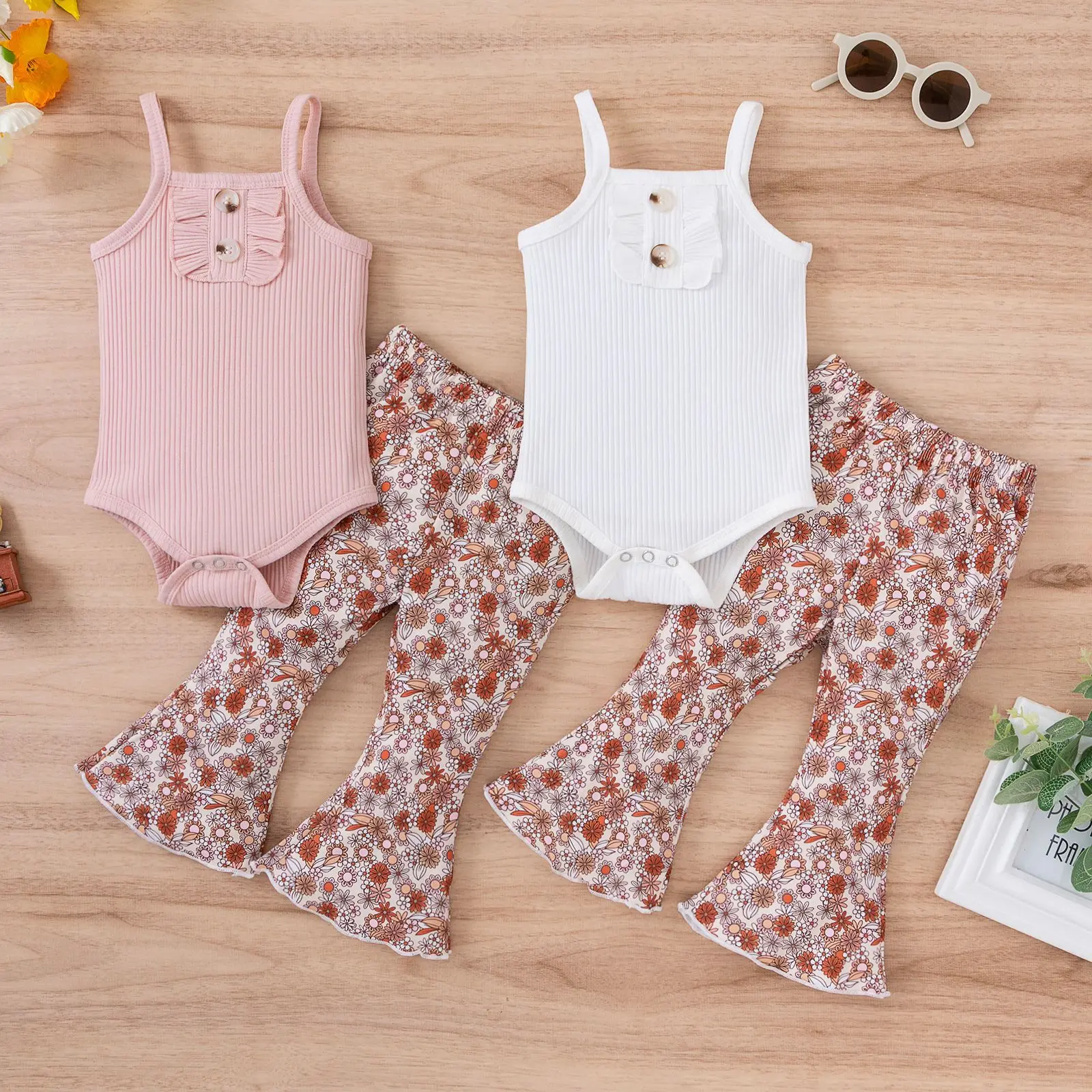 Newborn Baby Girl Clothes Set Toddler Girls Outfit Cute Sling Pit Stripe Romper+Floral Flared Oants Infant Summer Clothing 0-24M