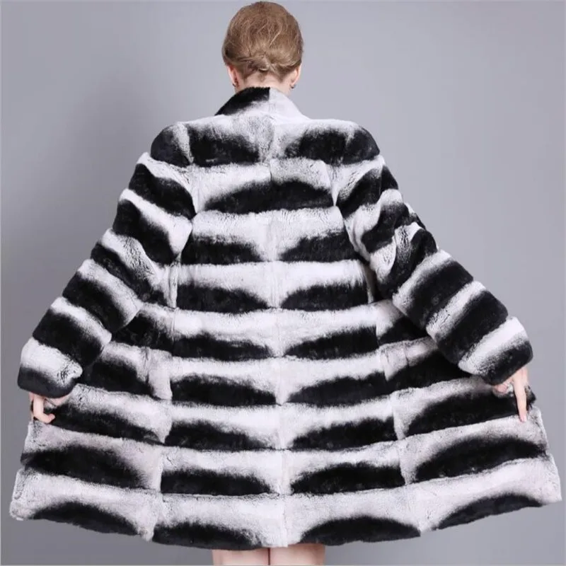 90CM Luxury Whole Skin Natural Chinchilla Fur Coats Stand Collar Striped Women Real Rex Rabbit Fur Long Jacket Winter Thick Coat