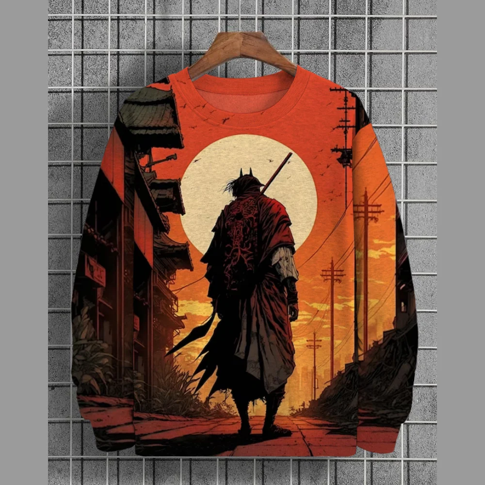 Свитшот мужской с капюшоном винтажный пуловер рисунком воина енота худи длинным