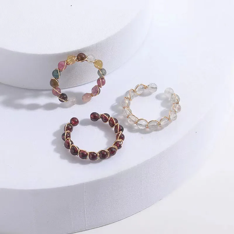 

10PCS Wire Wrap Bead Rings Garnet Labradorite Crystal Open Ring for Women Jewelry