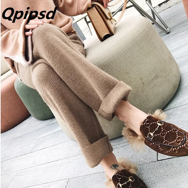

Autumn Winter Straight Pants Wool Cashmere Pants 2021 New Wool Pants Women's Wide Leg Pants High Waist Suspender Casual Pant