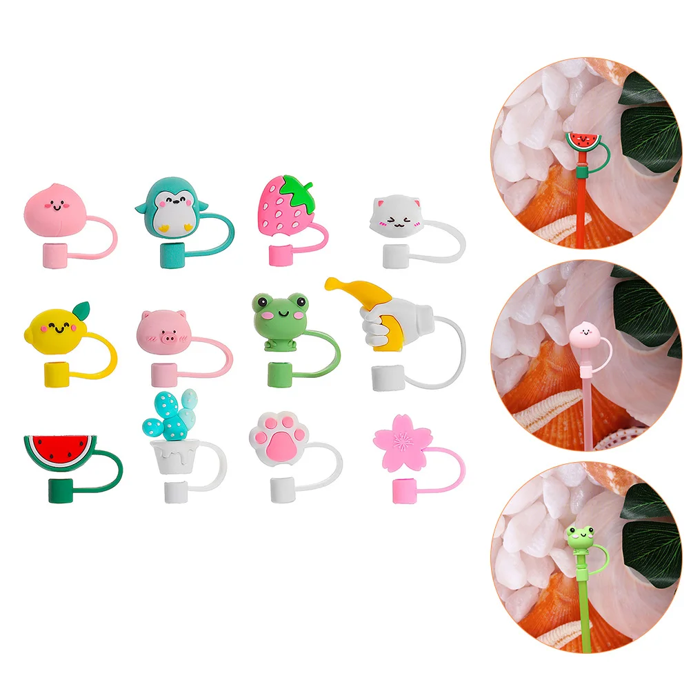 

12 Pcs Straw Stopper Dust Cap Silicone Animals Reusable Caps Pipette Tip Covers Food Grade Suction Cups Drinking Tips