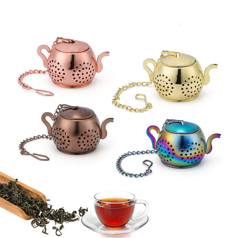 

Metal Tea Strainer Teapot Shape Loose Tea Infuser Stainless Steel Leaf Tea Maker Strainer Chain Drip Tray Herbal Spice Filter