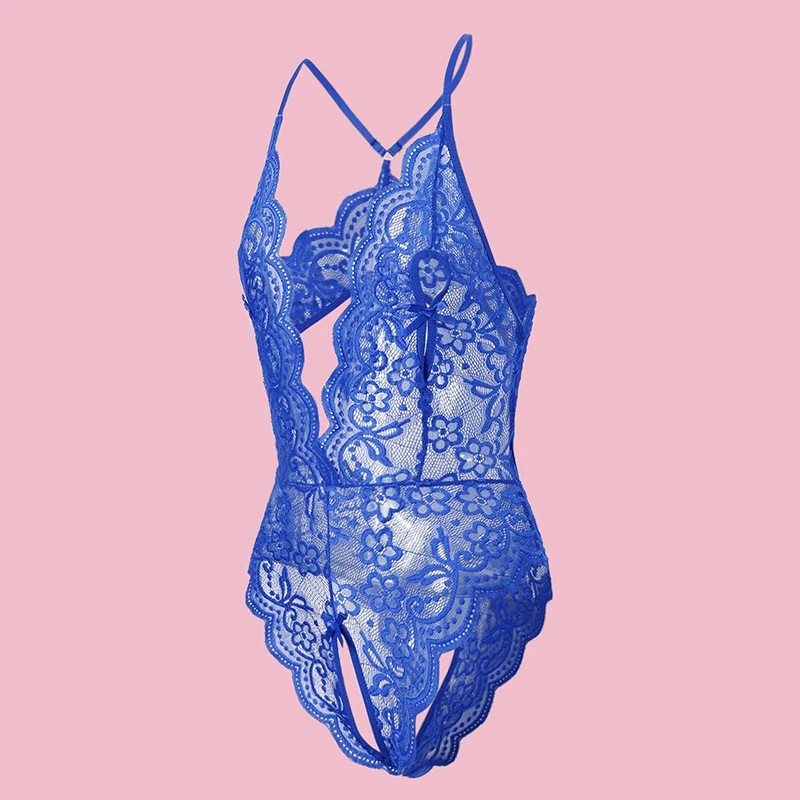 Полупрозрачный синий кружевной сексуальный боди на бретельках облегающий