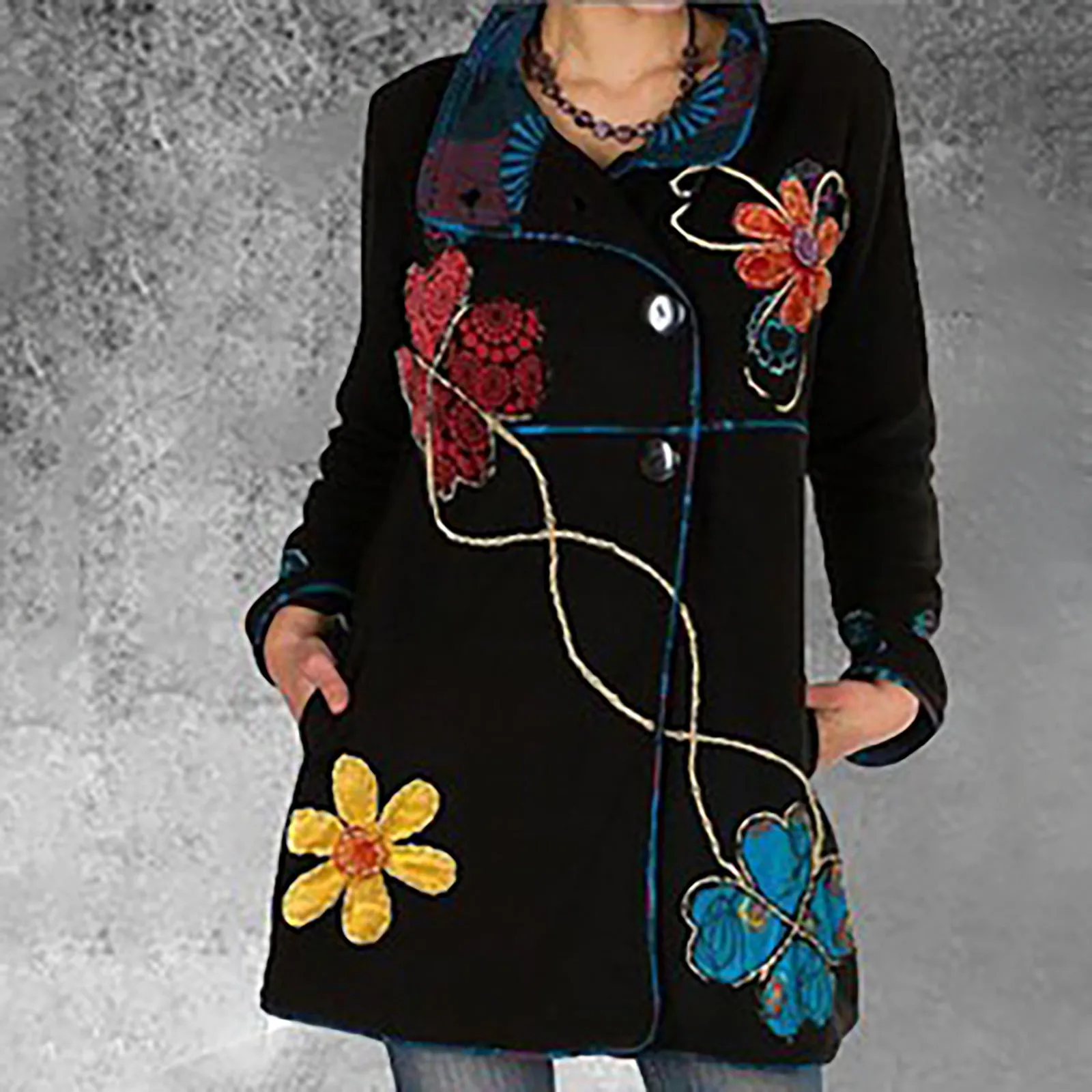 

Long Coat Woolen Sleeve Lapel Printed Jacket Women Slim Mid-length Fashion Women's Coat