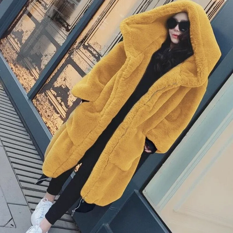 Casual Fur Women's Jacket Winter Thicken Warm Hooded Fur Coat 2021 New Rex Rabbit Fur Long Section Pure Color Faux Fur Coat