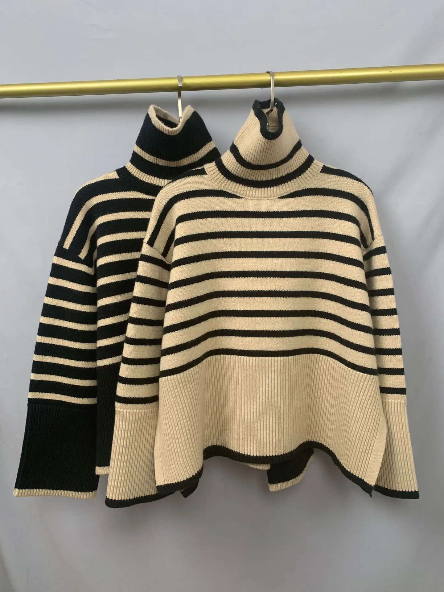 

Black and White Stripe Sweater Streetwear Loose Tops Women Pullover Female Jumper Long Sleeve Turtleneck Knitted Ribbed Sweaters