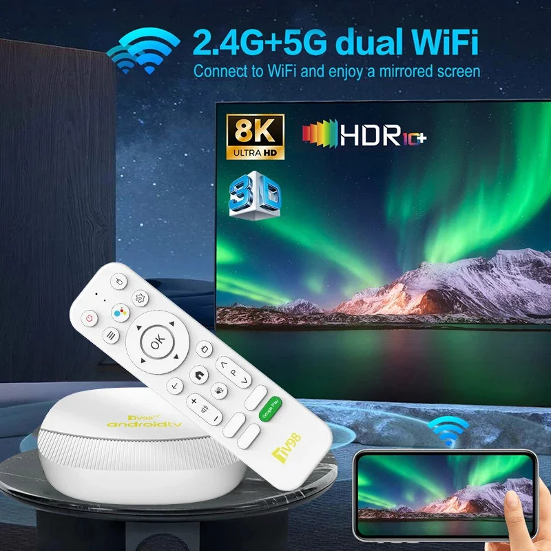 Фото ТВ-приставка TV98 ATV Max с процессором Allwinner H313, 8 ГБ ОЗУ, 128 ГБ памяти, 4G, 5G, Wi-Fi 6, Bluetooth 5.0, HD 8K, 4K, смарт-медиаплеер с голосовым управлением, Android 14, IPTV №2
