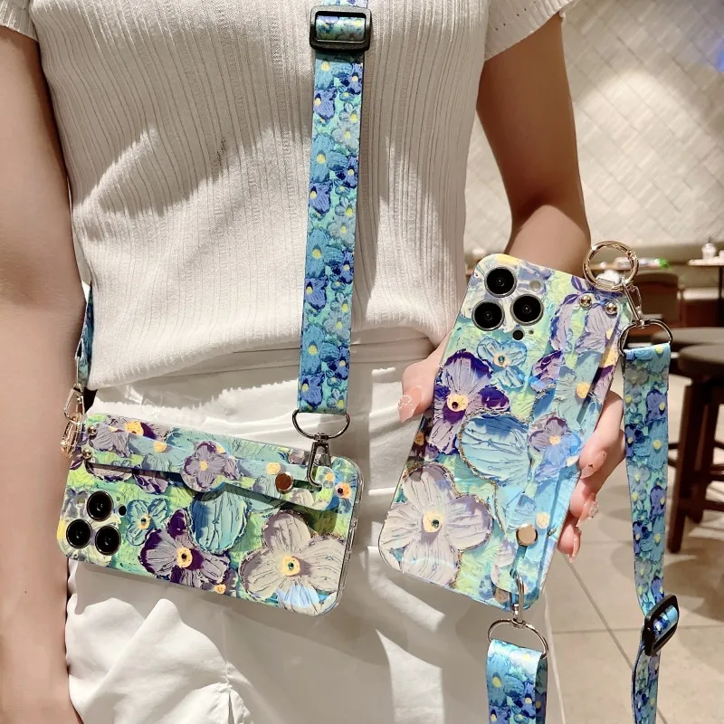 

Crossbody Strap Case For Samsung Galaxy S22 Ultra S21 FE S20 Plus Note 20 S20FE Blue Ray Rhinestone Oil Painting Flower Cover