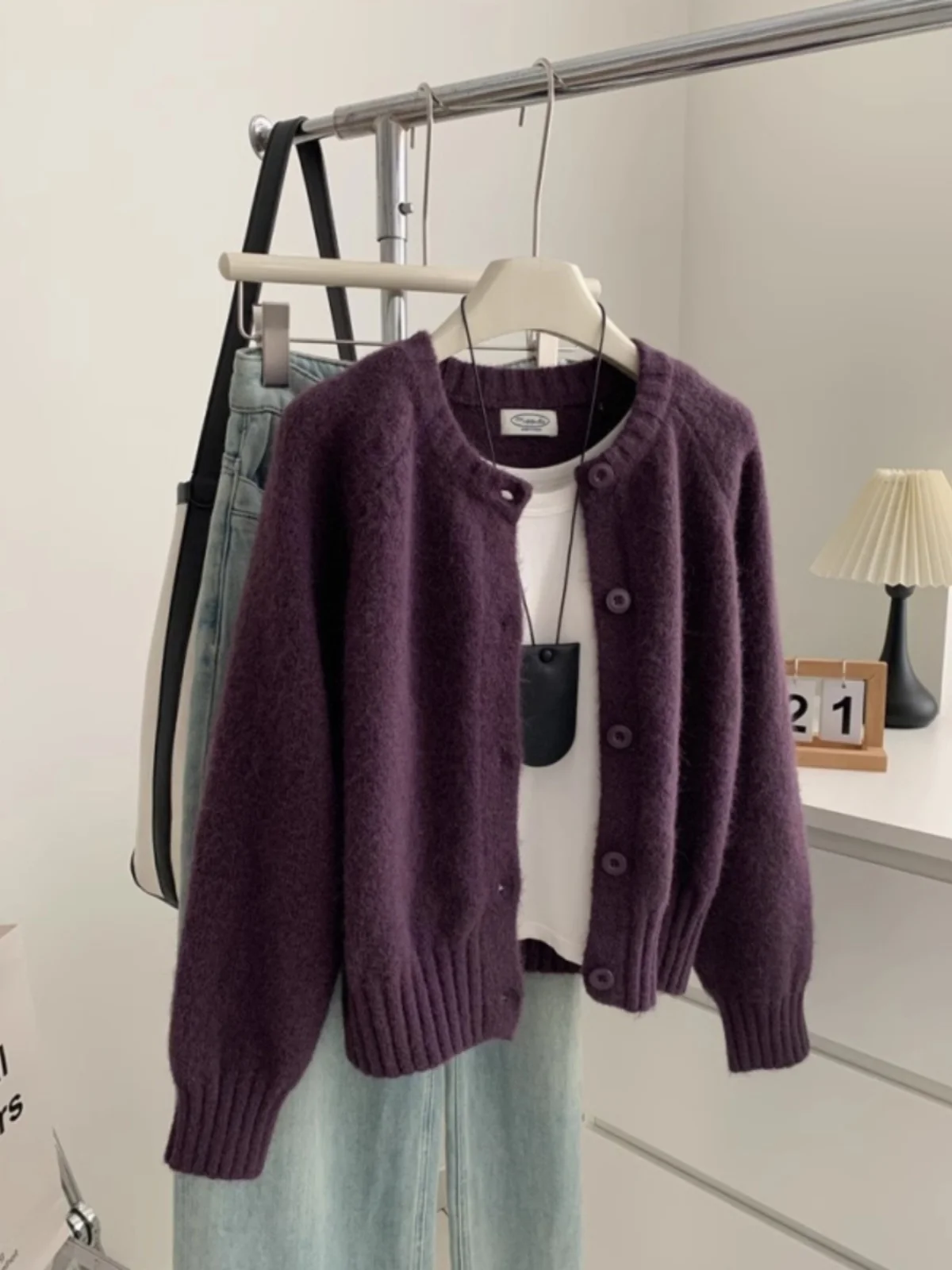 European Goods High-Grade Purple round Neck Raccoon Velvet Sweater Outerwear Women Autumn and Winter Soft Glutinous Idle Sl...