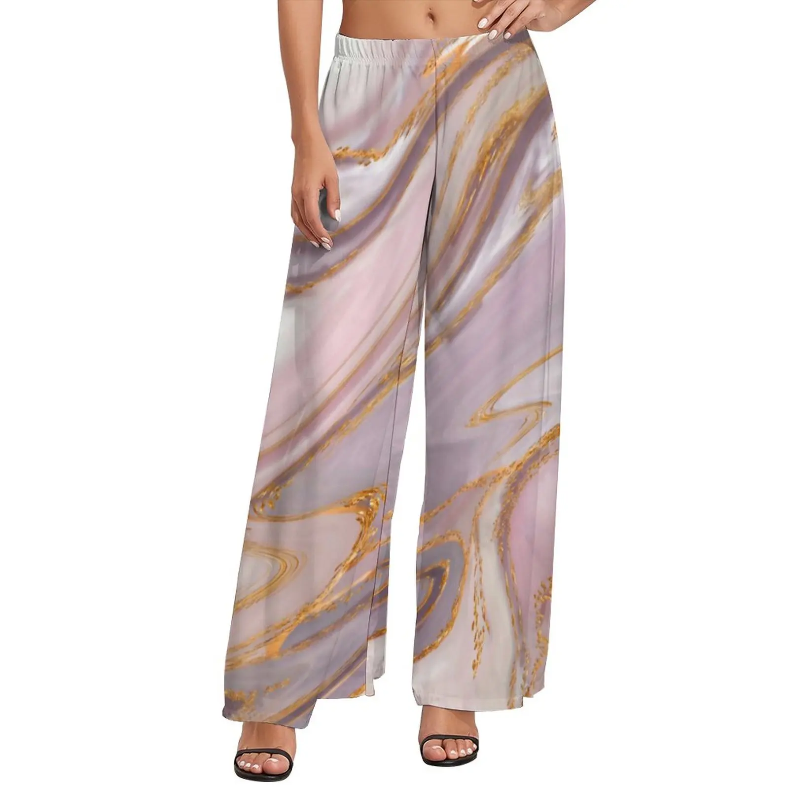 

Gold Liquid Print Pants Rose Marble Beach Straight Wide Pants Elastic High Waist Kawaii Trousers Big Size 5XL 6XL