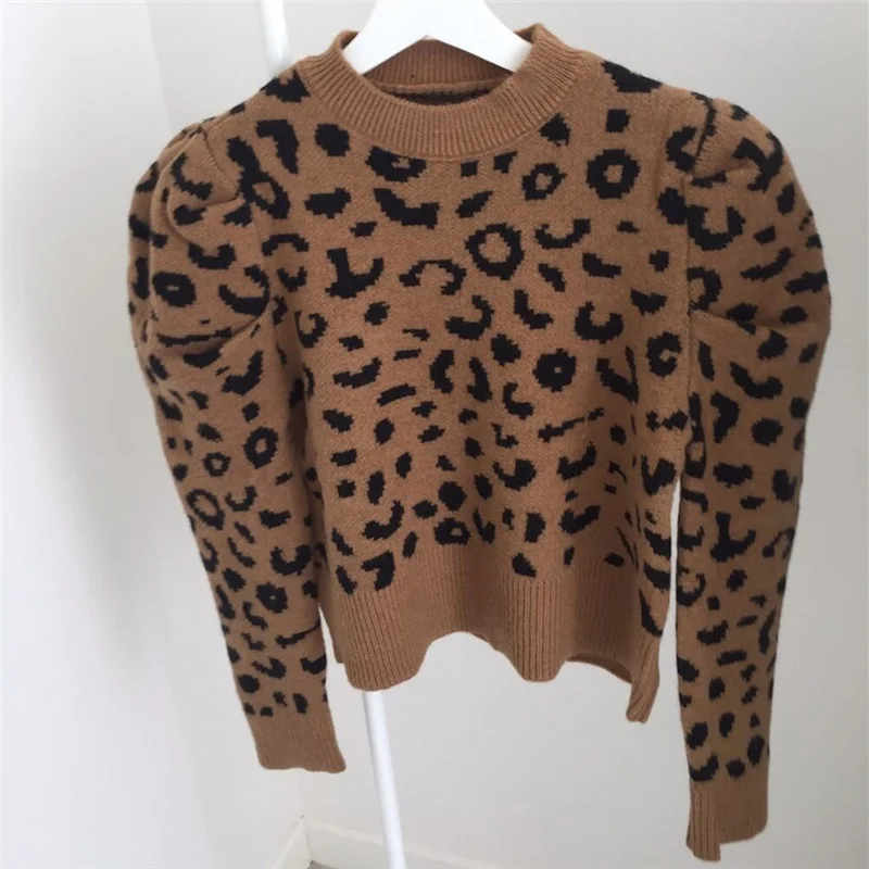 Женский свитер с леопардовым принтом шорты повседневный пузырьковый наплечный