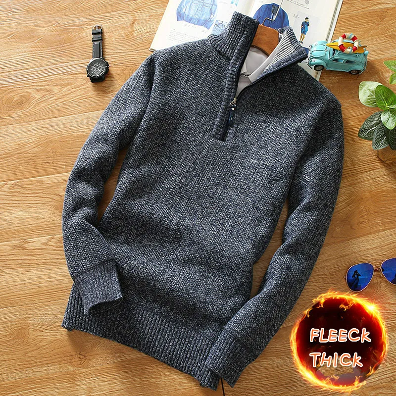 

Mens Thick Sweater Half Zipper Turtleneck Male Causal Long Sleeve Cardigan Solid Color Knitted Sweater Outwear Fleece Pullovers