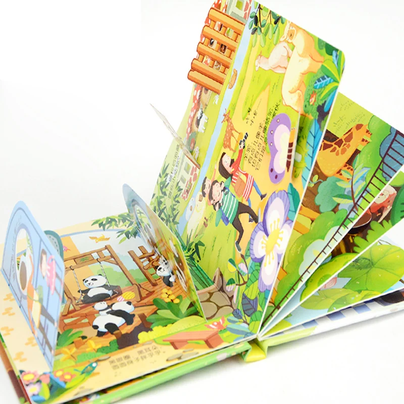 

4pcs Children's story Early education enlightenment 3D stereo flip book Zoo/ kindergarten/amusement park