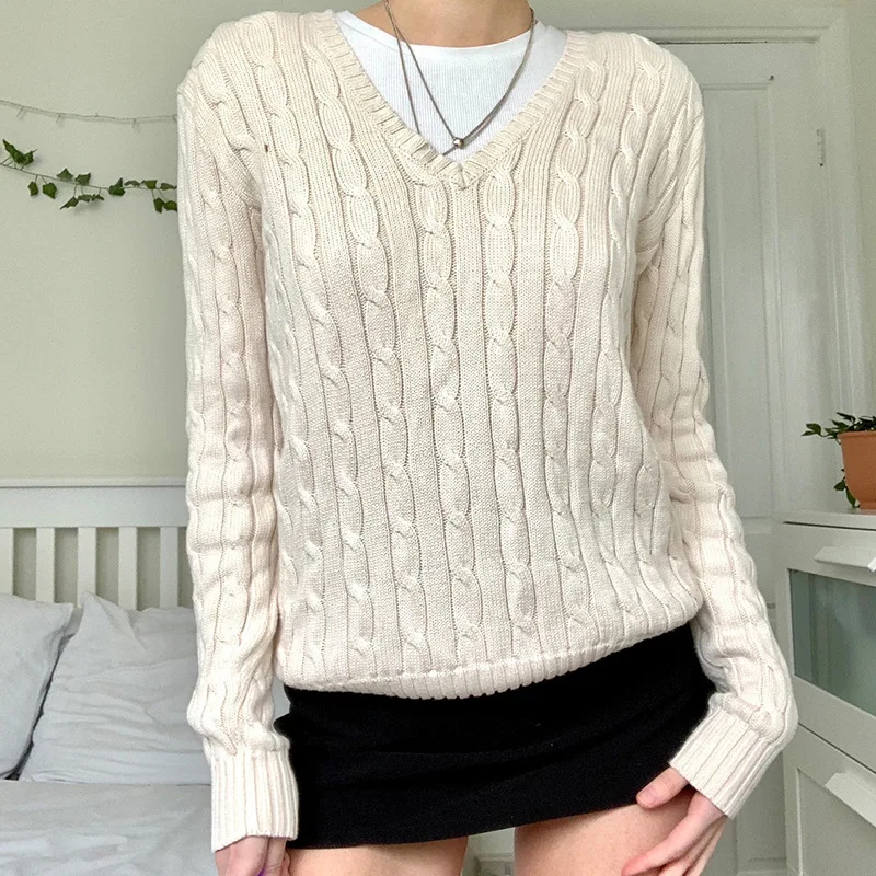 

Women's Fashion Casual Pullover 2021 Fall/winter Knitted Pullover Solid Color Y2k College Style V-neck Lantern Sleeve Sweater