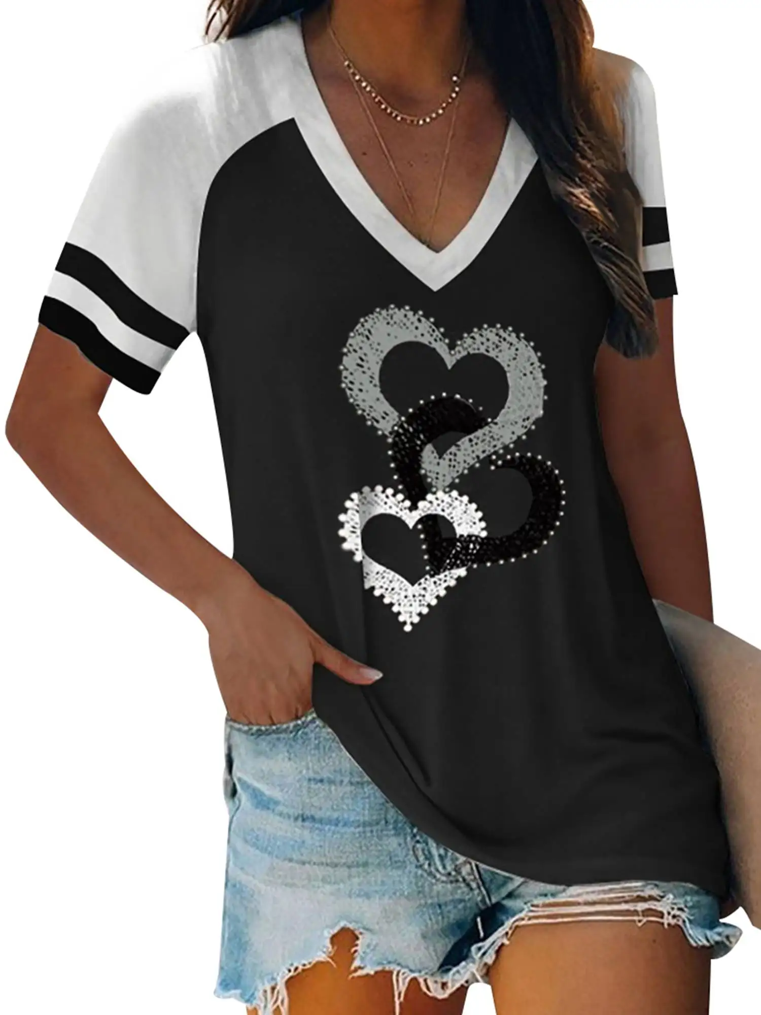 

Женская футболка в полоску, с коротким рукавом и V-образным вырезом