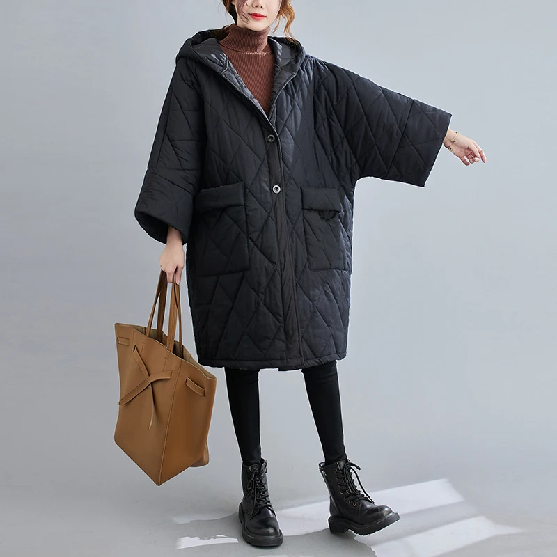 2023 Autumn and Winter Style Literary Long-sleeved Women's Loose Solid Color Mid-length Quilted Thick Hooded Cotton-padded Coat