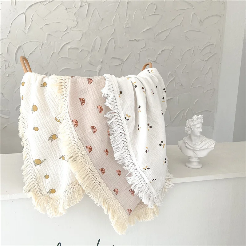 100x120cm Baby Cotton Printed Fringed Blanket Muslin Newborn Wrap Swaddle Blanket Infant Wrap Sleepsack Bath Towel