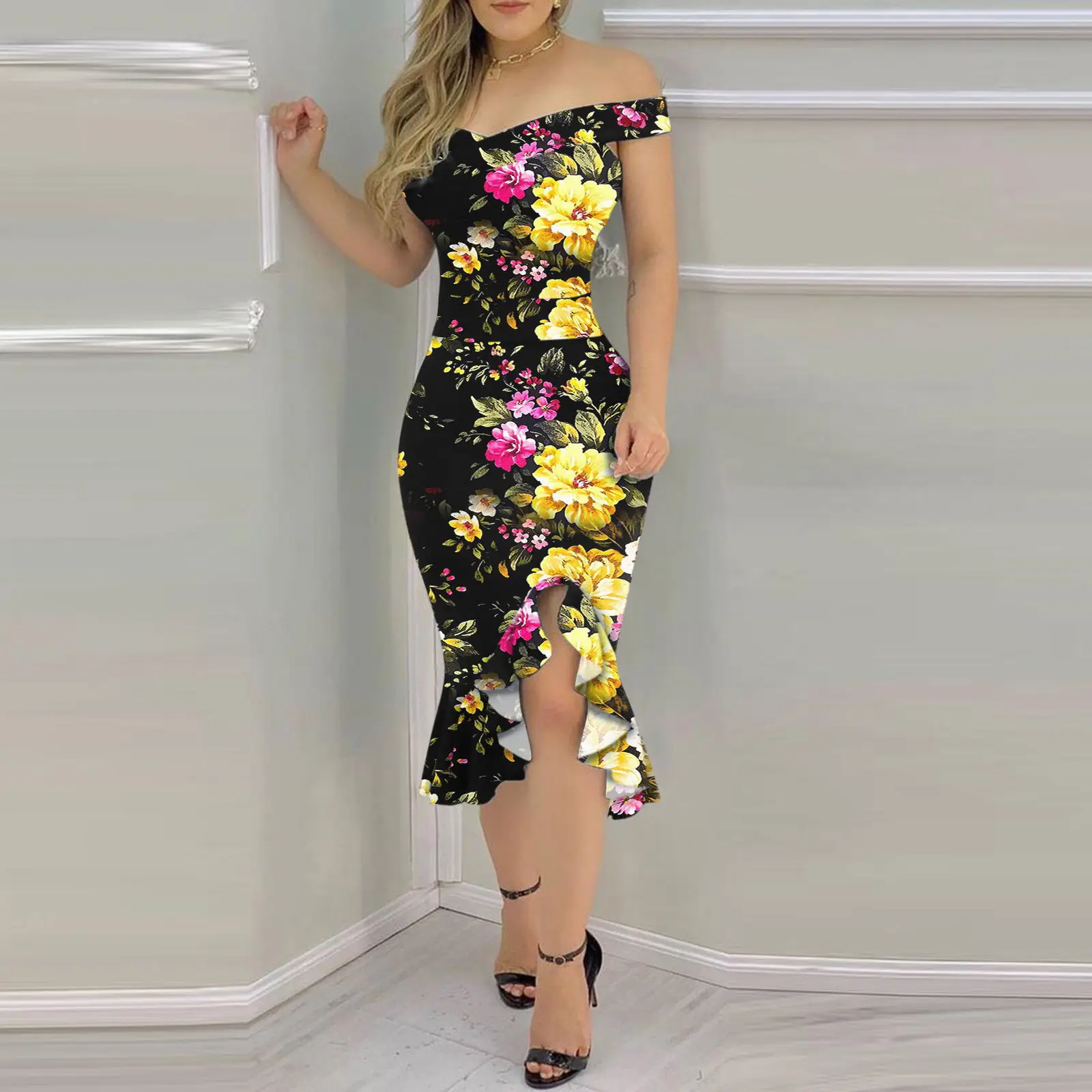 

Summer Women Sexy Off Shoulder Midi Dress Fashion Irregular Sleeveless Ruffle Slit Floral Print Female Bodycon Dress For Wedding