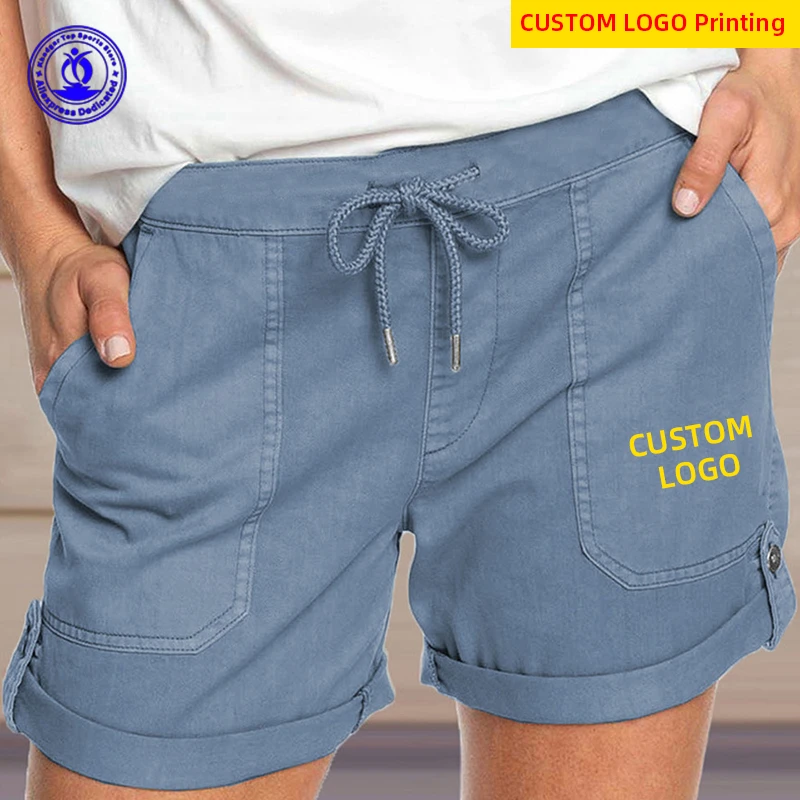 Custom LOGO Summer Casual Shorts with Pocket Women Drawstring Short Pants Solid Mini Trousers Home Clothes Fashion Streetwear