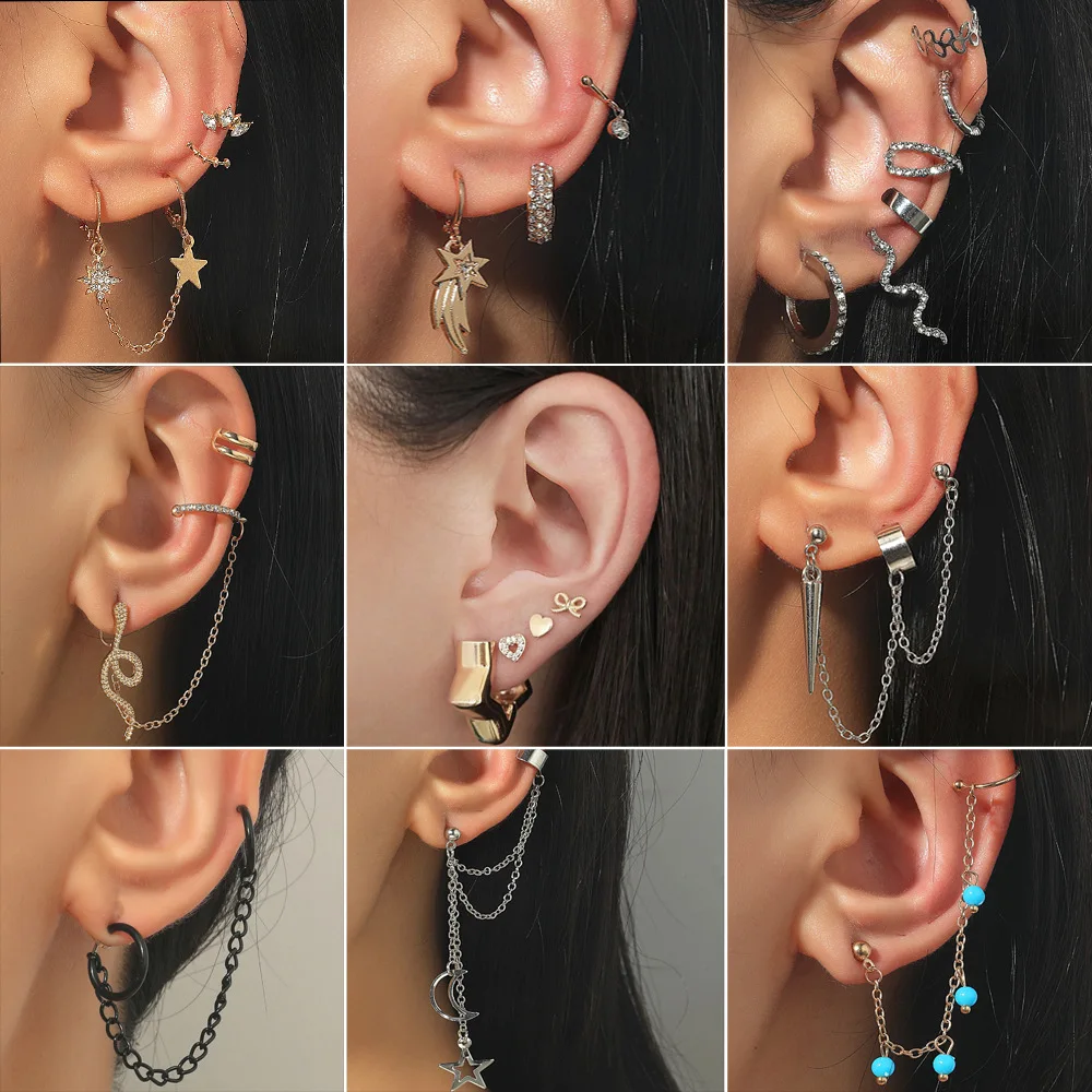 

Fashion Simple Personality Earring Set Beaded Star Chain Hole Ear Clip Integrated Ear Hanging Single For Female Jewelry Gift