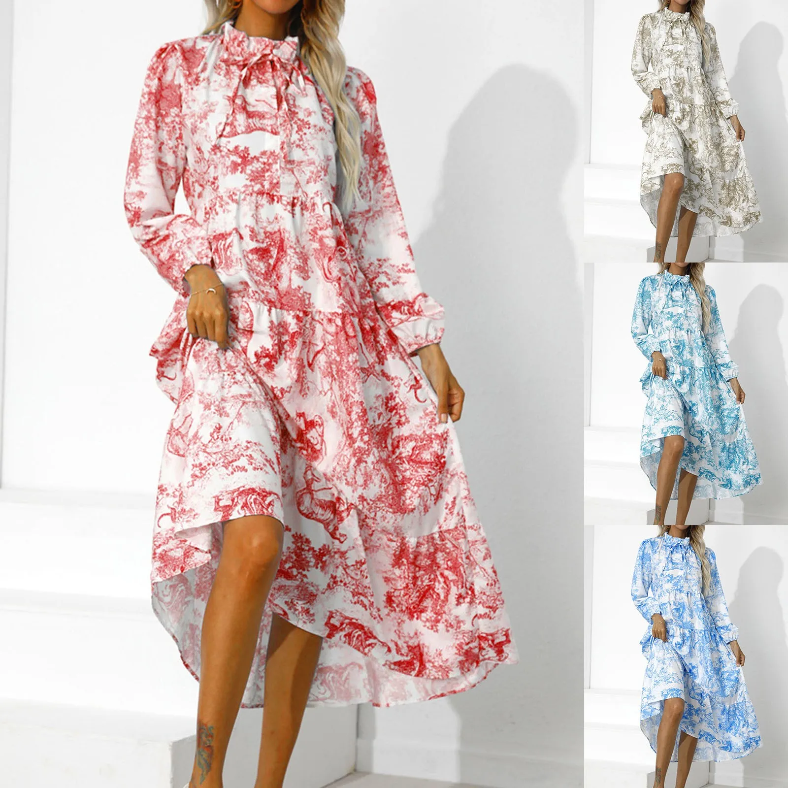 

Женское платье макси с круглым вырезом, повседневные свободные длинные платья с длинным рукавом и многоярусным подолом, свободное Повседне...