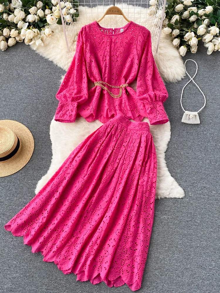 

Autumn Women Hollow Out Lace Two Piece Set Vintage Rose Red/Blue/White O-Neck Lantern Long Sleeve Blouse + High Waist Skirt Suit