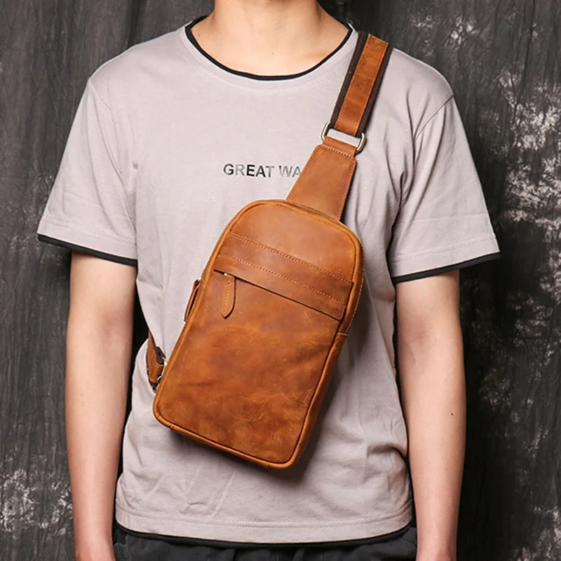 

AETOO European and American retro men's chest bag Crazy Horse leather sports small shoulder bag women's large-capacity messenger