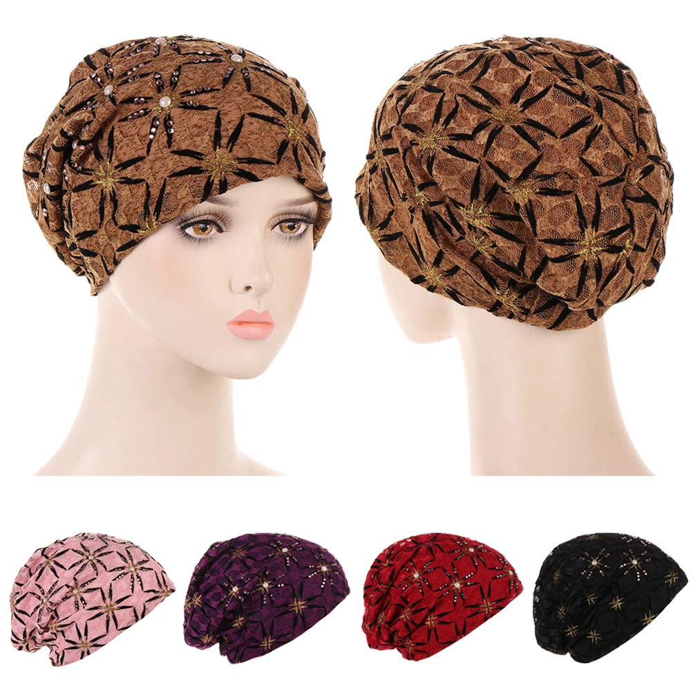 

Women Elastic Turban Muslim Rhinestone Beads Hijab Islam Sleep Night Caps Chemo Pullover Hat Scarf Headwrap Baggy Beanies Cover