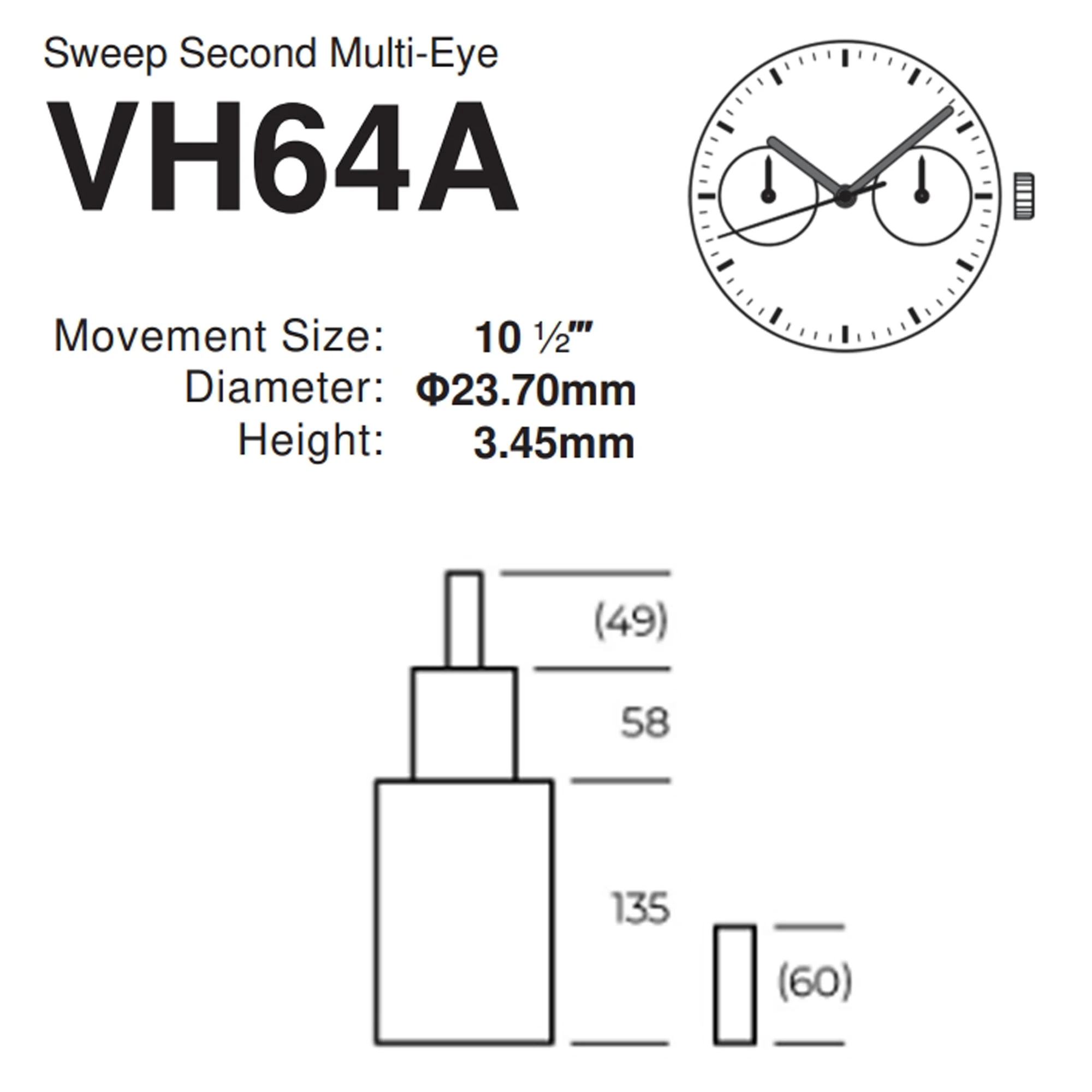 VH64A 2 Sweep Second Multi-Eye  Japan movemnt time module movement