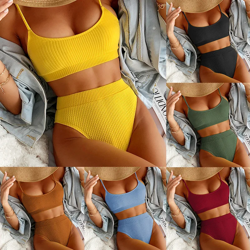 

2022 High Waist Sexy Bikini Set Solid Color Split Swimsuit New Fashion Tight Summer Beachwear Women's Swimwear XL Traje De Baño