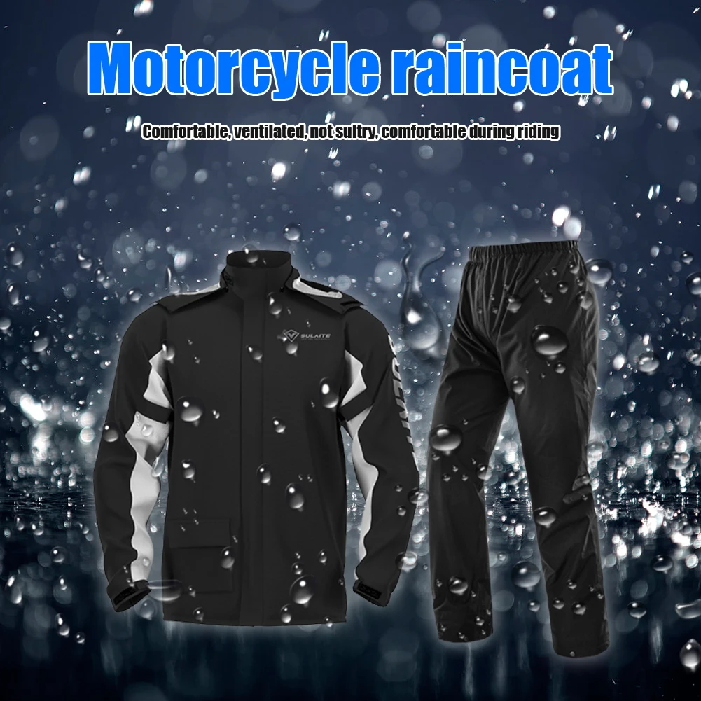 SULAITE Reflective Motorcycle Raincoat Suit Lightweight Foldable Waterproof Rain Jacket + Pants with Shoe Covers Suit New Black enlarge