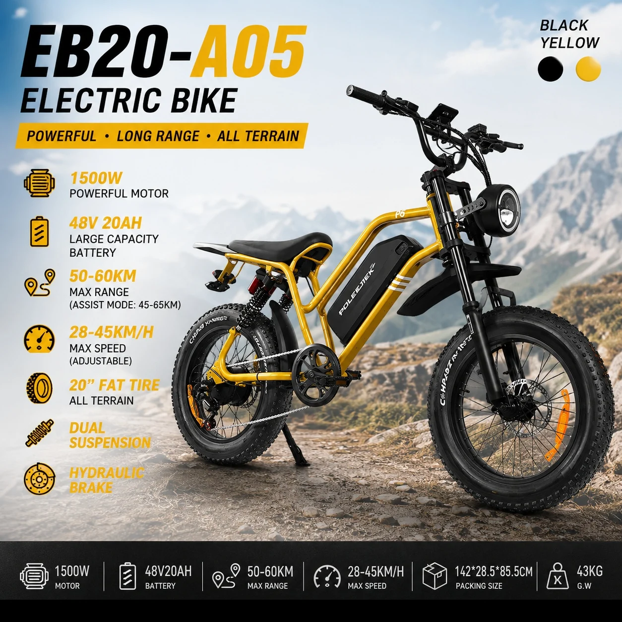 Фото Электровелосипед OBX EB20-A05 1500W с аккумулятором 48V20Ah, 20-дюймовыми широкими шинами, для бездорожья и городских поездок, скорость до 28 миль/ч. №1