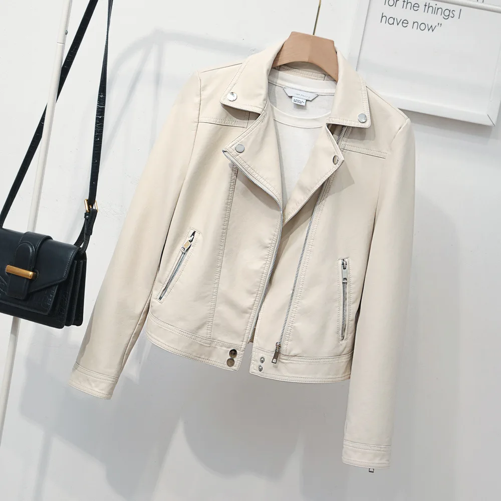 2023 spring new women's simple lapel leather jacket short motorcycle suit leather casual coat