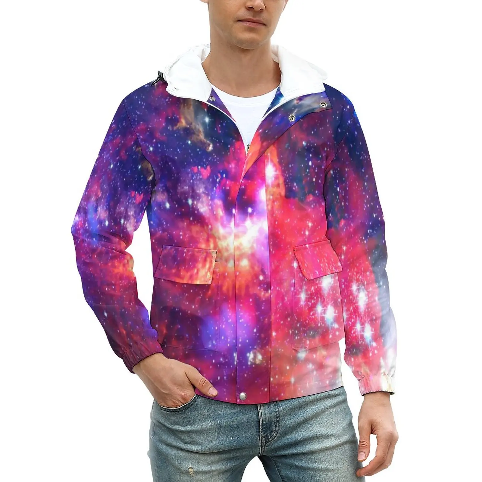 

Мужская осенняя куртка на молнии с принтом в виде звездных звезд