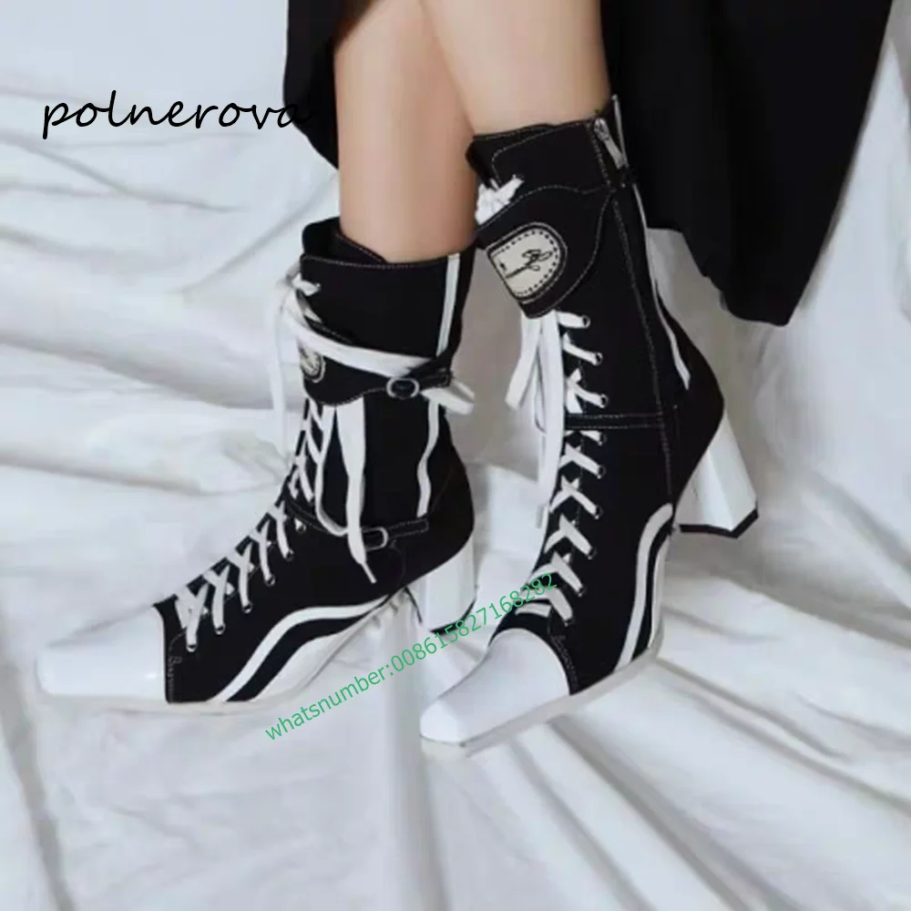 Женские парусиновые полусапожки на шнуровке размер 35 - 43 цвет черный/белый