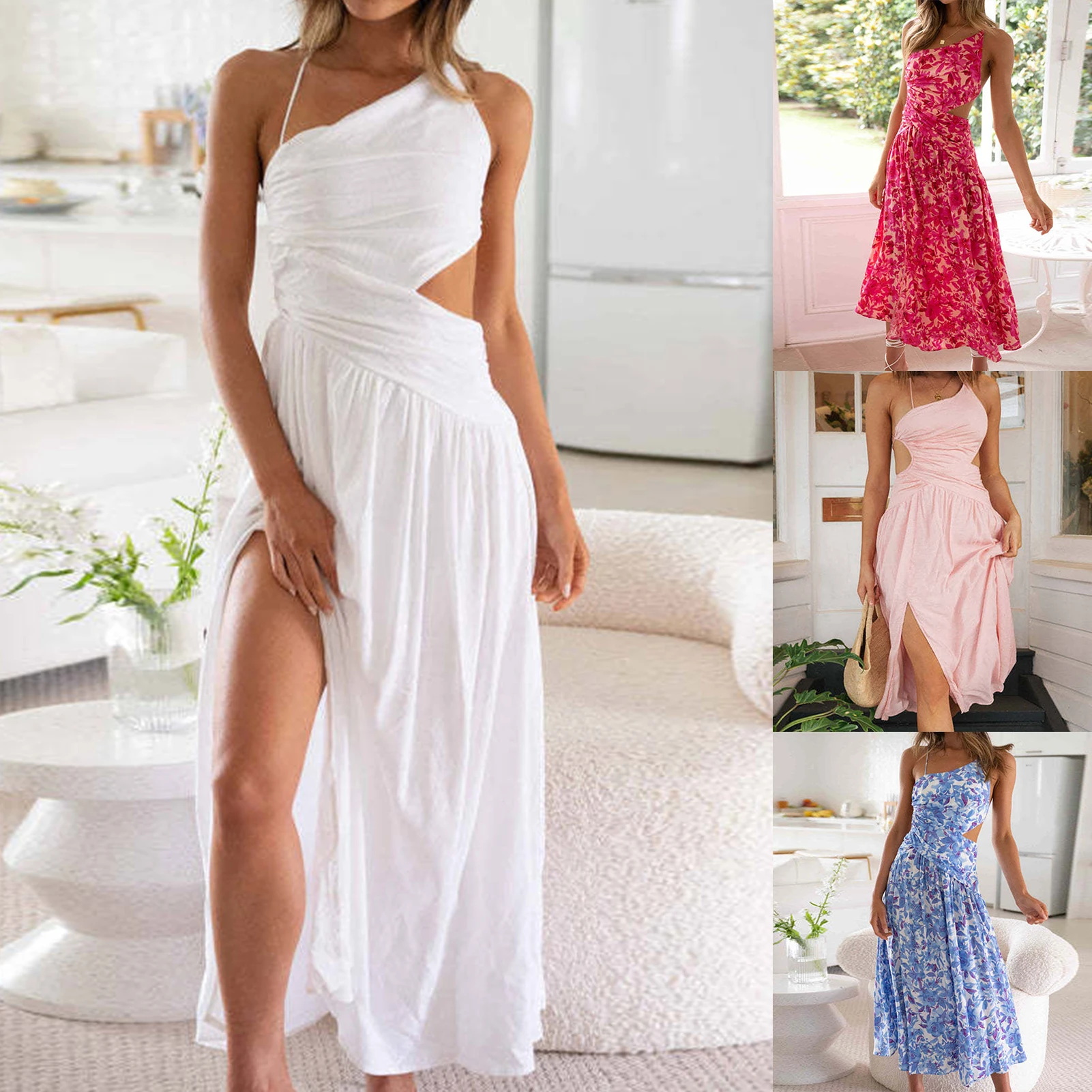 

Sexy Style Women Printed Maxi Dress Asymmetrical Ladies Spaghetti Straps Dress Hollow Out Slim Fit Side Slit Vacation Outfit
