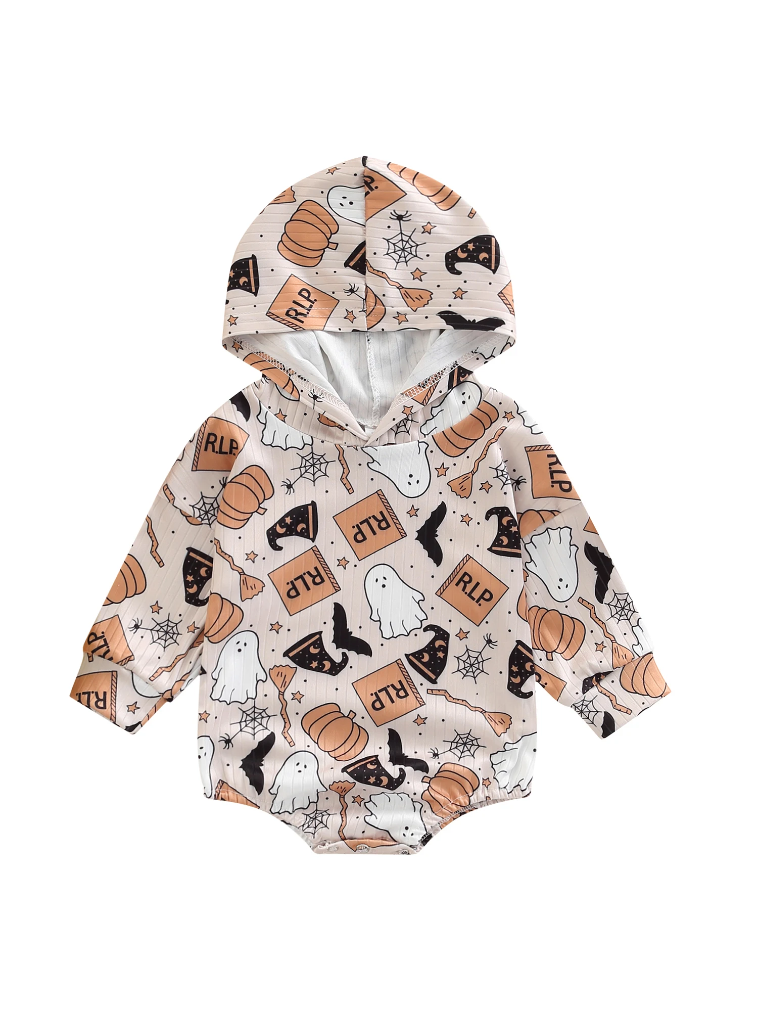 

Aojekbee Baby Boy s Girl s Romper Long Sleeve Halloween Ghost Witch Hat Printed Hooded Romper 0-24Month