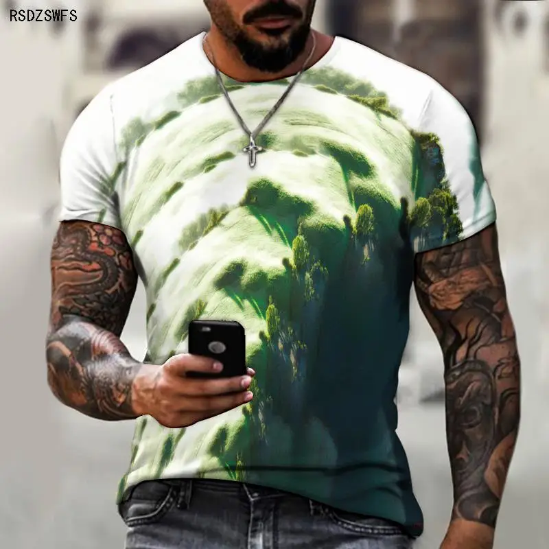 

New 2021 summer color 3D printing colorful landscape stitching casual fashion round neck hip-hop short-sleeved T-shirt