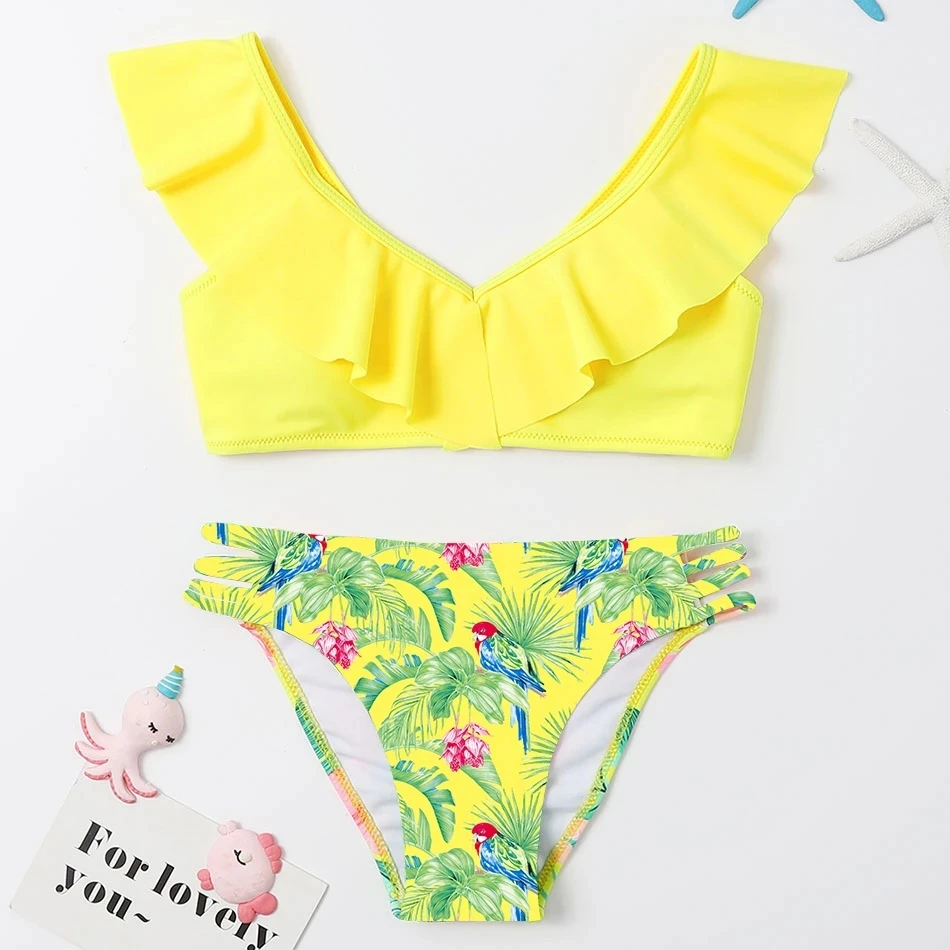 

Ruffle Girl Swimsuit Kids Tropical Floral Bikini Set 7-14Years Two Piece Children's Swimwear Padded Girls Bathing Suit Beachwear