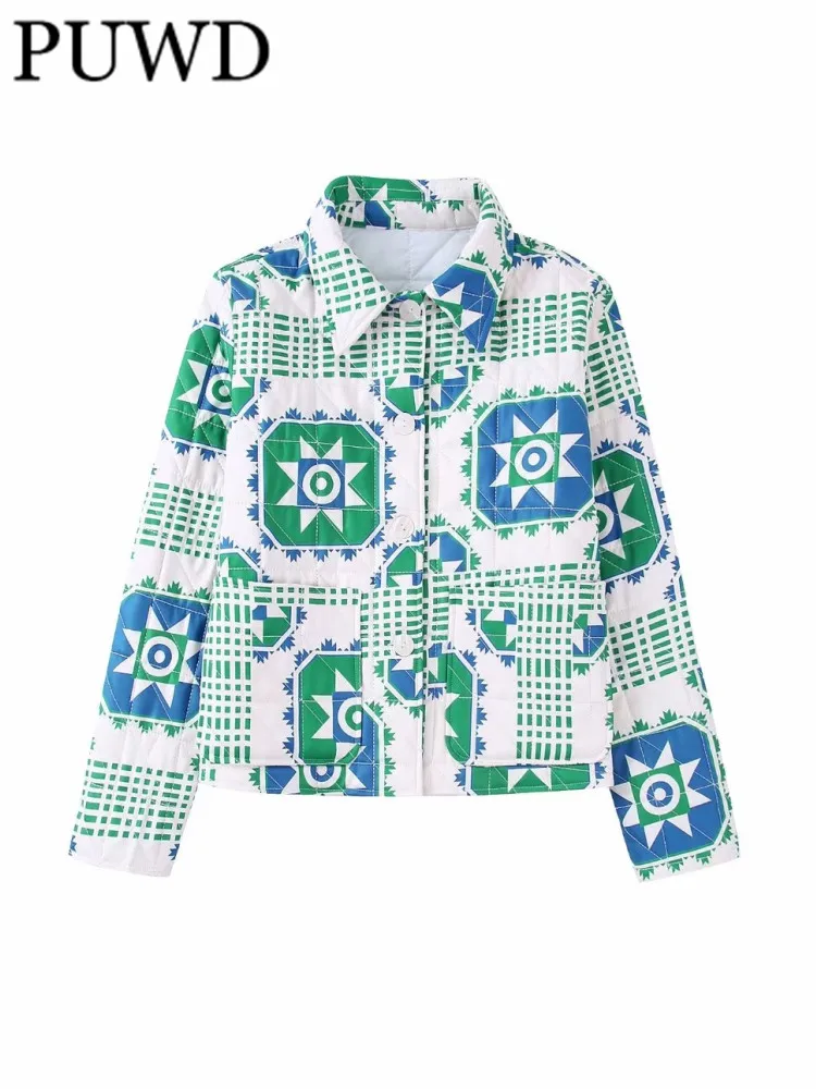 

PUWD Women Casual Green Printed Shirt Jacket 2022 Fall/Winter Vintage Parka POLO Neck Long Sleeves Female Winter Coat Chic Tops