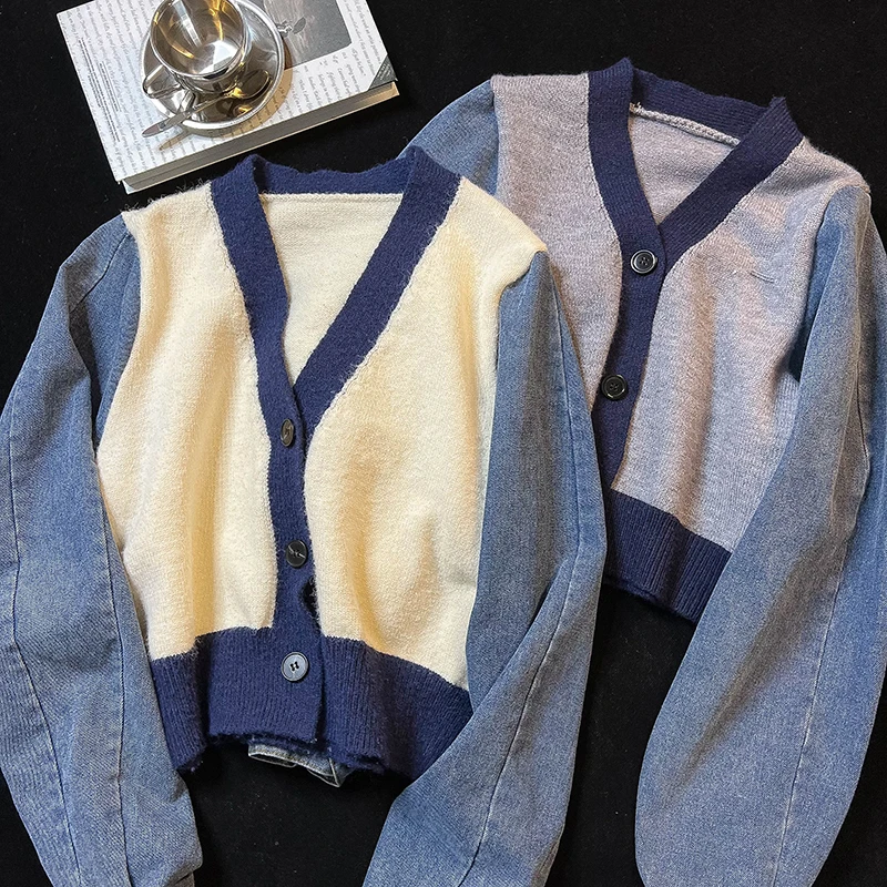

Denim Splicing Short Sweater Autumn Winter Long Sleeves Jacket Western Style Cardigan Ladies Girls Casual Coat Tops Femme Korean
