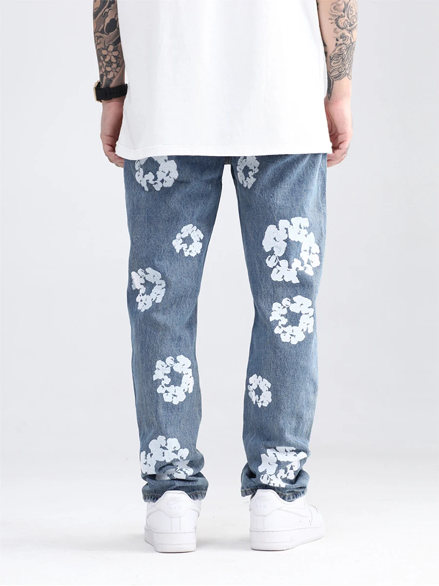 Four Seasons European Vibe Style Cotton Print Vintage Men Pencil Jeans Pants Washed Hip Hop Women Slim Kpop Denim Trousers JEANS