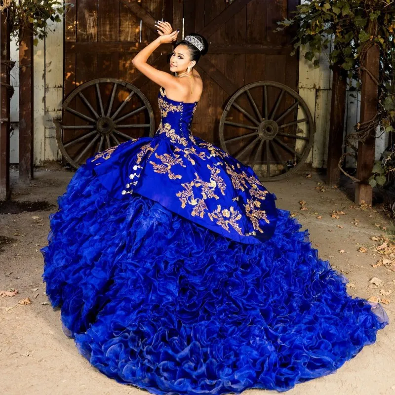 

Doymeny Blue Quinceanera Dresses Ball Gown Off The Shoulder Organza Appliques Embroidery Mexican Sweet 16 Prom Dresses 15 Anos