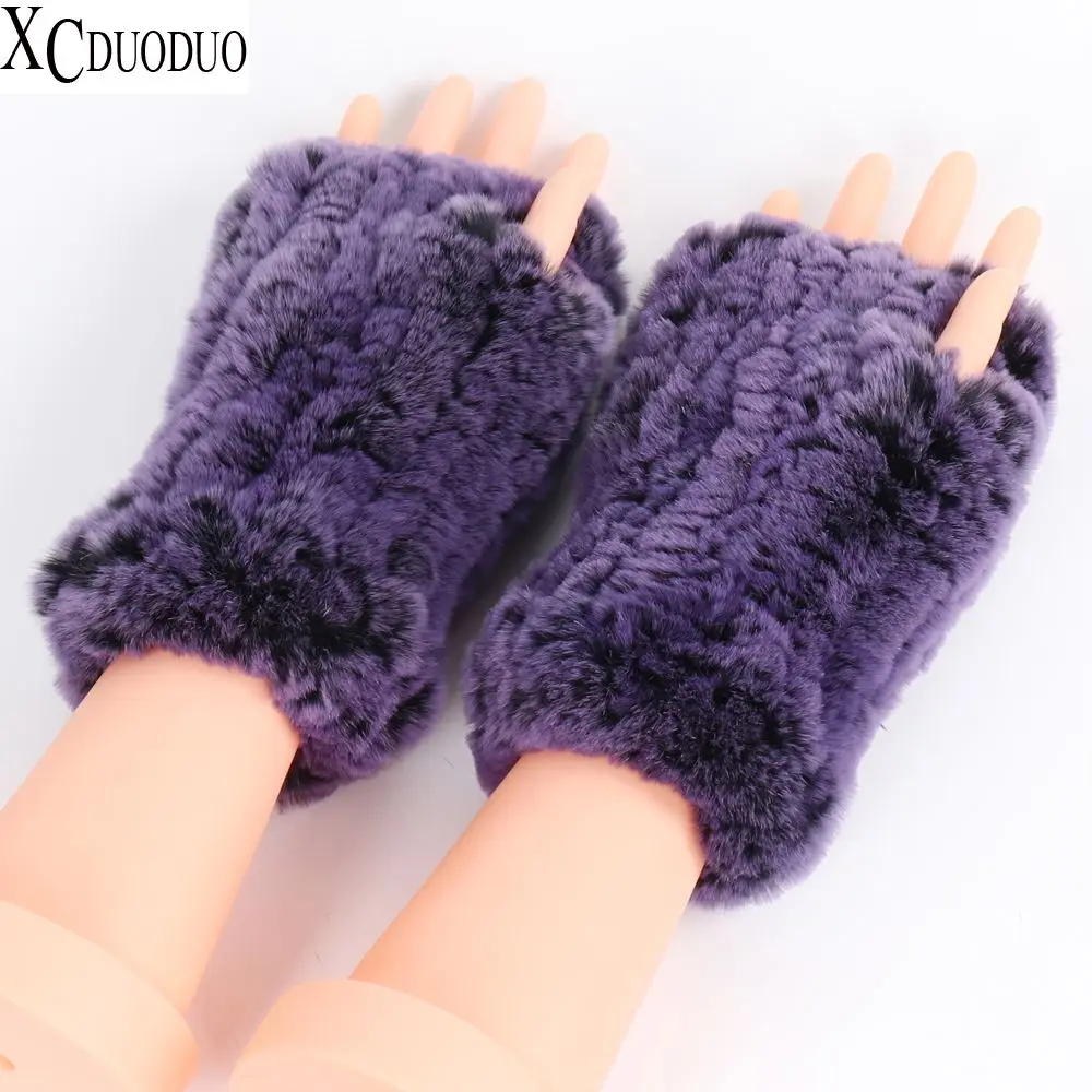 

New Women 100% Real Genuine Knitted Rex Rabbit Fur Mittens Winter Warm Lady Real Fur Fingerless Gloves Handmade Knit Fur Mitten