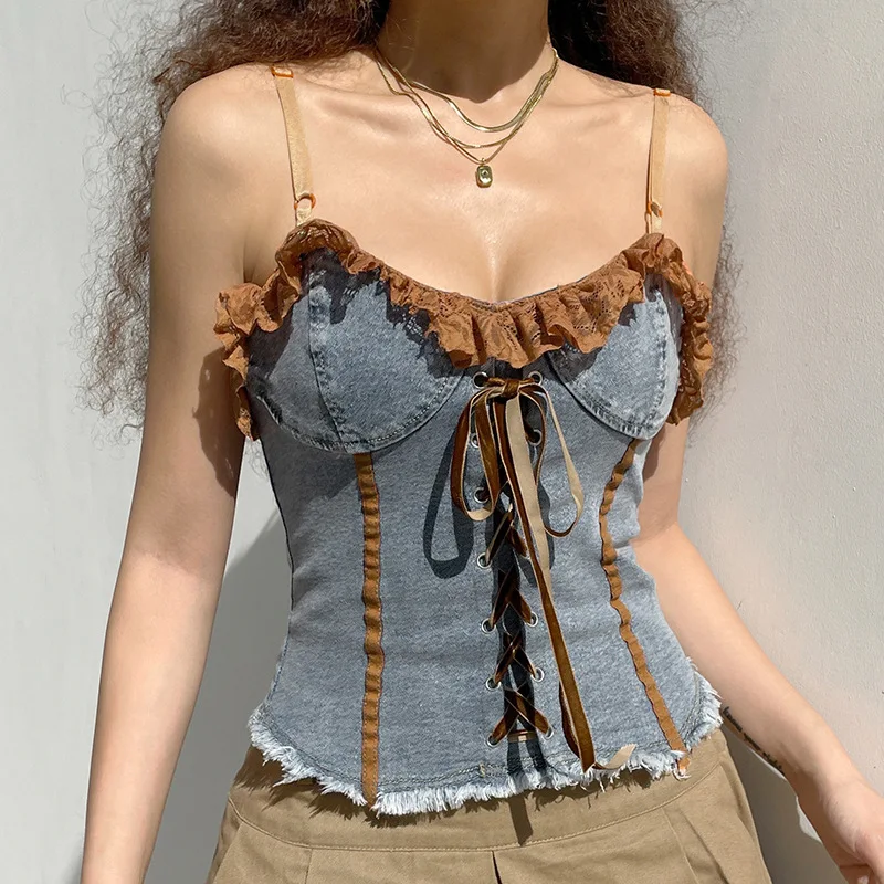 

2022 New Sexy Women Slim Fasion Streetwear Camis Vintage Brown Lace Vest Female Party Basic Denim Sleeveless Tank Top