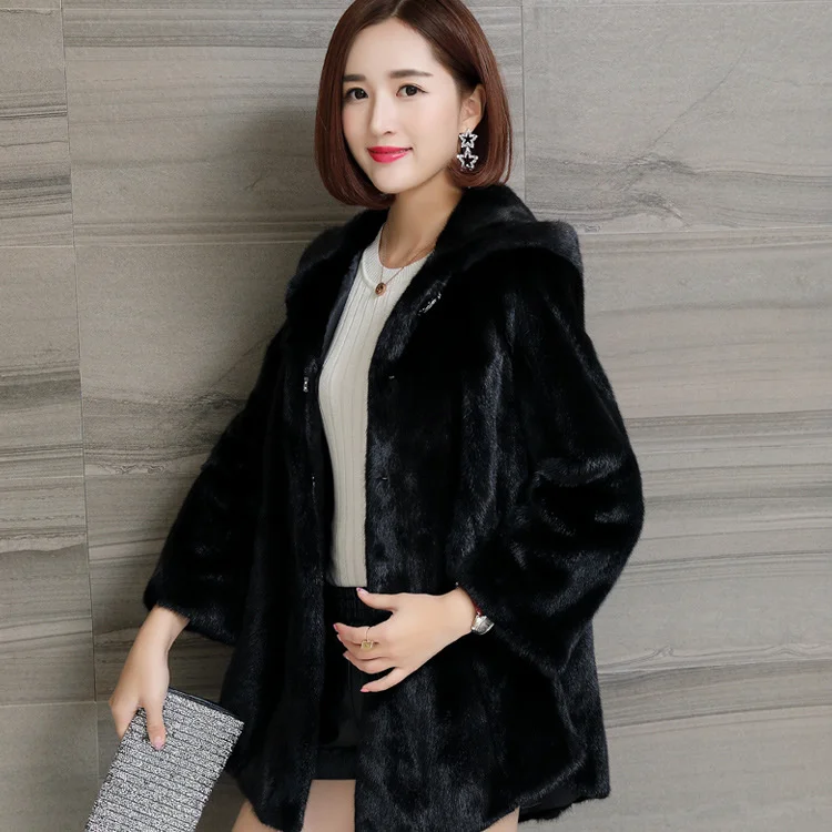 ICCLEK Winter mink coat female whole mink hooded medium long Haining imitation mink fur plush coat