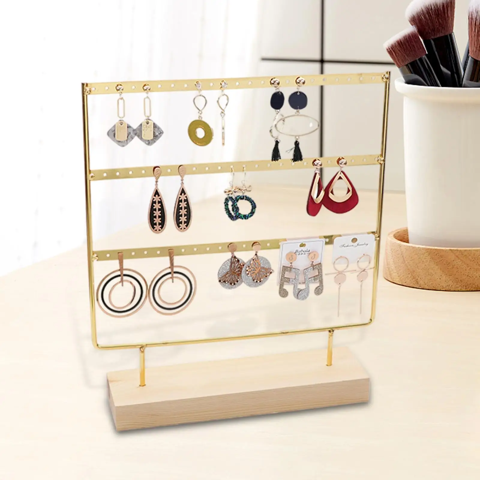 

Earrings Organizer Metal with Holes Wooden Base Large Storage Earring Holder Rack Display Stand for Hanging Earrings Women Girls